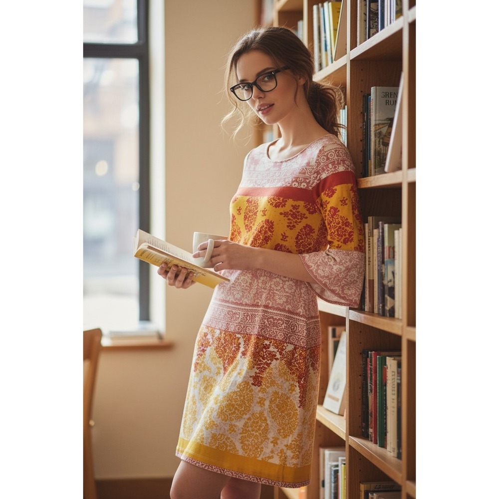 Donna Morgan Womens Orange Pink Paisley Floral Print 3/4 Sleeve Shift Dress